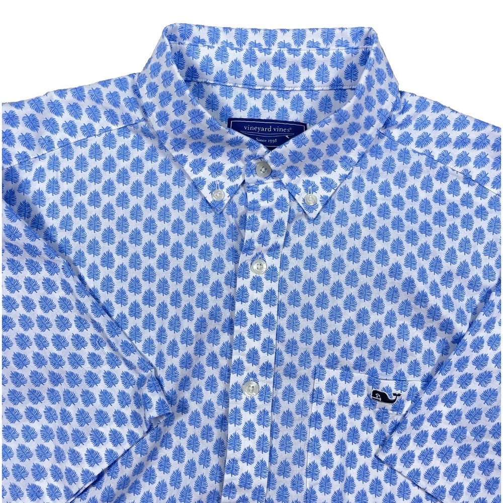 Vineyard Vines Shirt Men Medium Blue Button Up Leaf Floral Hawaiian‎ Camp Hiking
